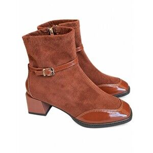 Womens Brown Suede Patent Leather Ankle Boots Block Heel Buckle Zip Size 41